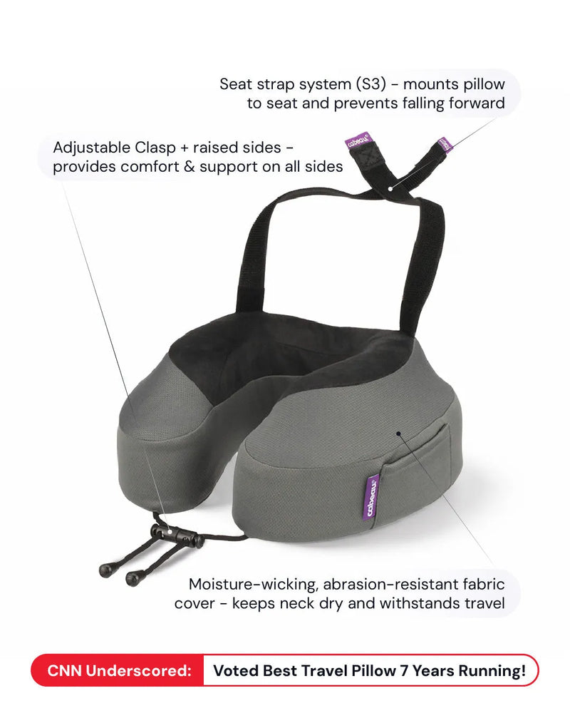 Cabeau Evolution S3 features: seat strap system, adjustable clasp and moisture-wicking cover