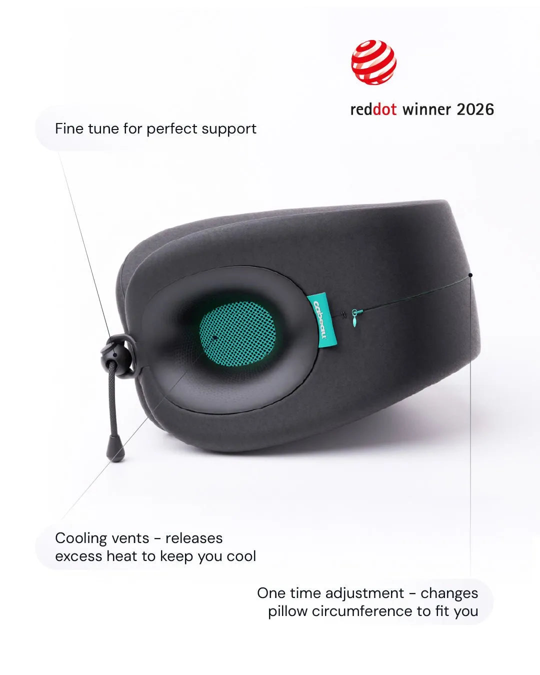 Cabeau Evolution X features: fine tune support, cooling vents and adjustable circumference, Red Dot winner 2026