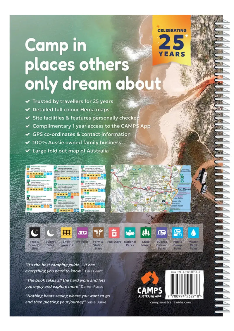 Back cover of camps australia wide 13 spiral-bound camping guidebook with full-color hema maps and gps coords 2026 edition