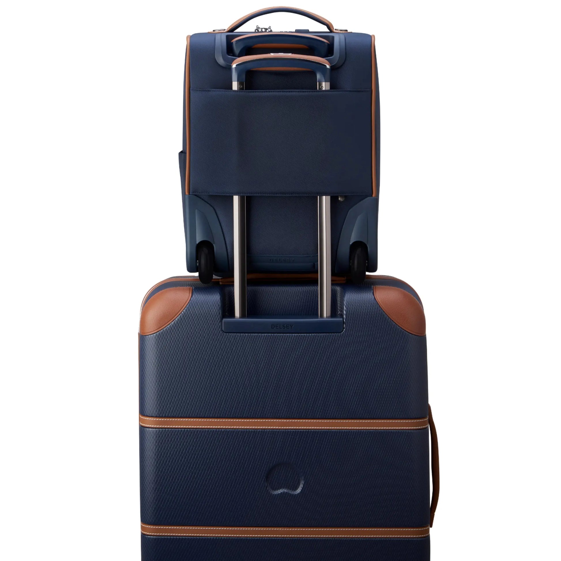 Back Panel featuring a luggage band, ready to seamlessly slide over the trolley tubes of rolling luggage