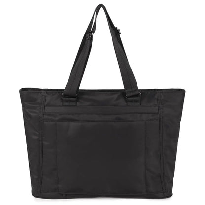 Back exterior pocket for luggage handle