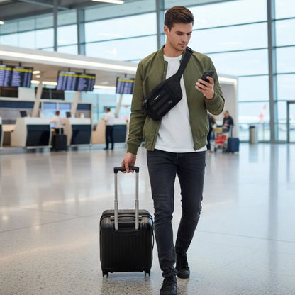 Man with a suitcase, Hedgren Visit Waistbag and phone in an airport terminal
