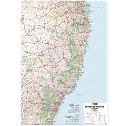 A city to city map designed for the journey from Sydney to Brisbane via the Pacific and New England Highways 