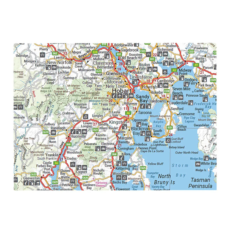 Fully updated and indexed primary Map of Tasmania at a scale of 1:500,000 and showing national parks, fuel locations as well as campsites and caravan parks