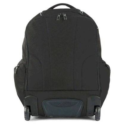 Mesh padded shoulder straps store behind zippered back panel