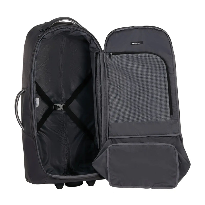 Internal hold down straps and mesh pocket in main section to assist with packing