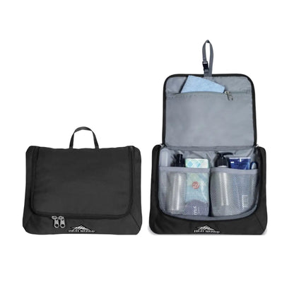 Multi-pocket toiletry pouch hangs from webbing loop