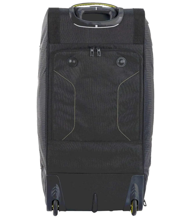 Mesh padded shoulder straps store behind a zippered back panel