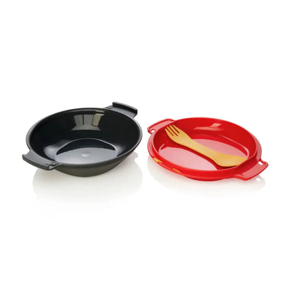 The Uno utensil snaps inside the plate for rattle free transport
