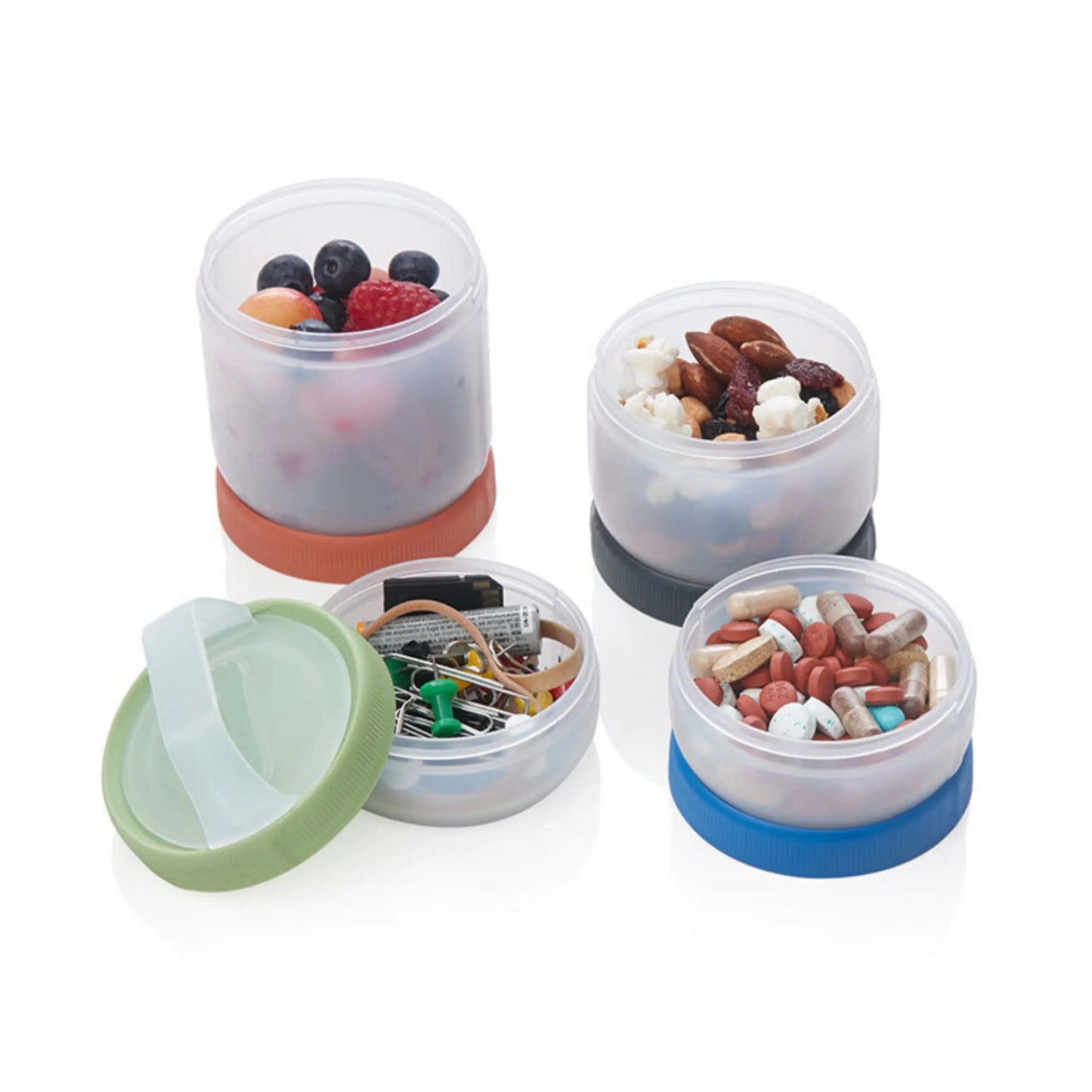 Leak proof stackable containers for storing snacks, creams, medications and more while on the move