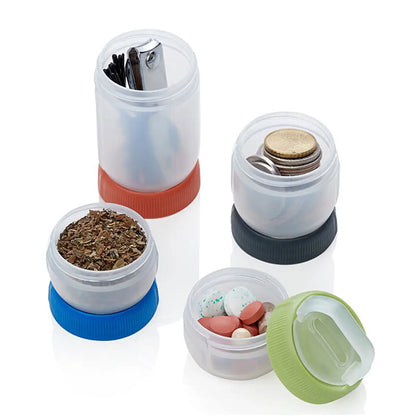 Leak proof stackable containers for storing snacks, creams, medications and more while on the move