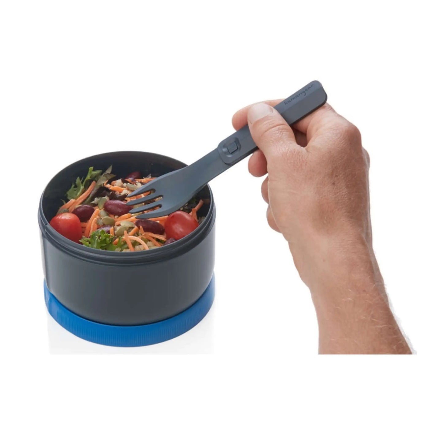 Utensils telescopes out to form comfortable utensils for everyday use but also slides down for easy storage