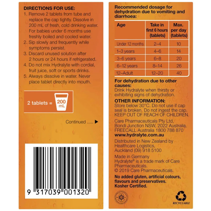 Hydralyte Effervescent Electrolyte Tablets Orange - 10 Pack