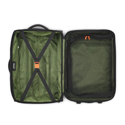 equipped with tie-down straps on the deep side, a spacious lined pocket, and a zippered mesh pocket on the lid