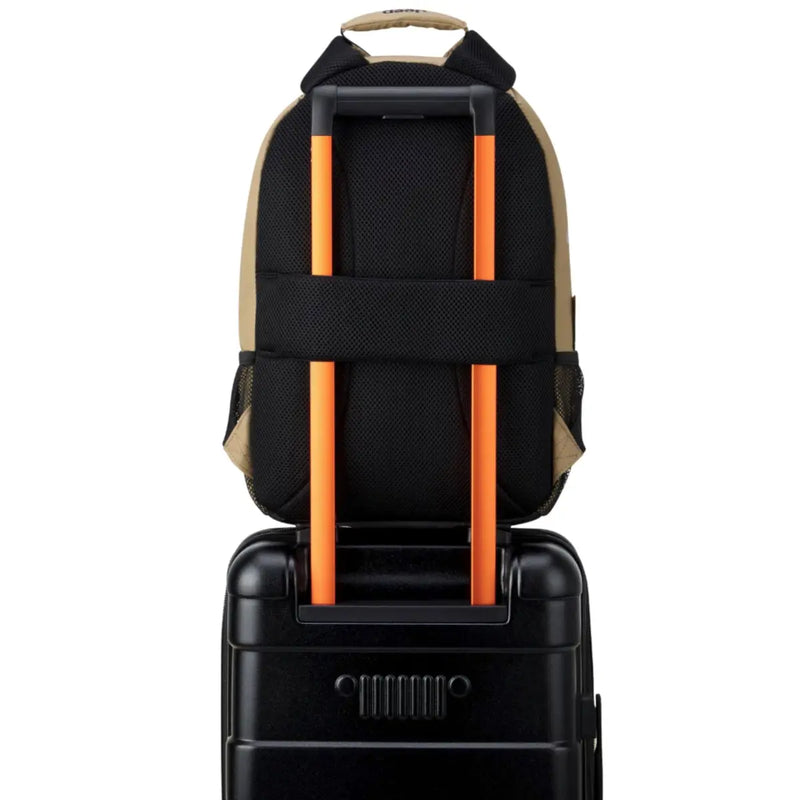 Padded Back Panel featuring a luggage band, ready to seamlessly slide over the trolley tubes of rolling luggage