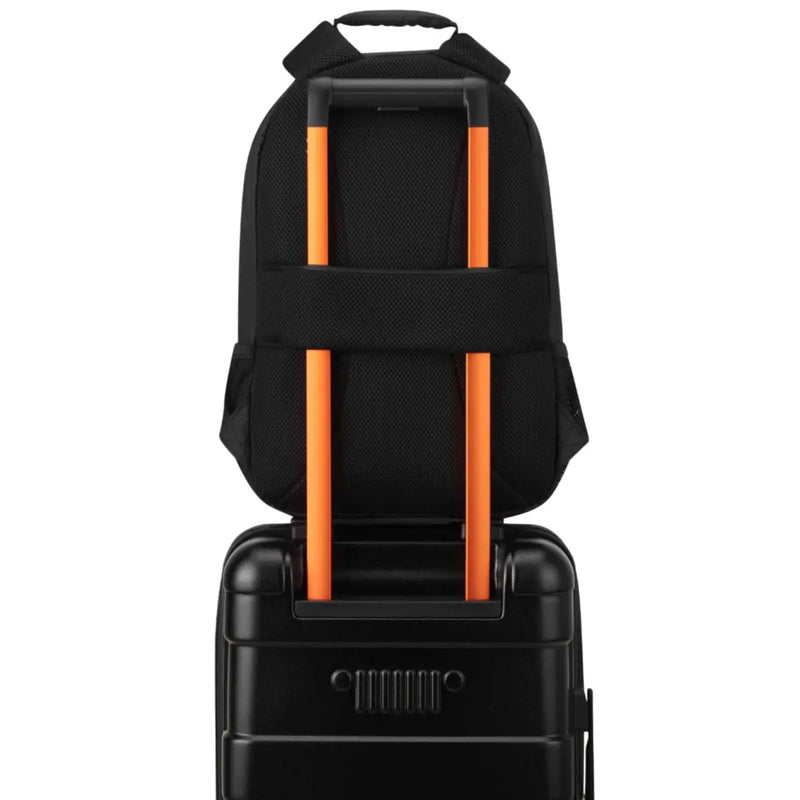 Padded Back Panel featuring a luggage band, ready to seamlessly slide over the trolley tubes of rolling luggage