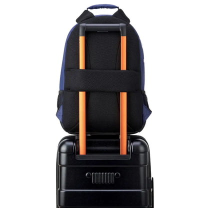 Padded Back Panel featuring a luggage band, ready to seamlessly slide over the trolley tubes of rolling luggage