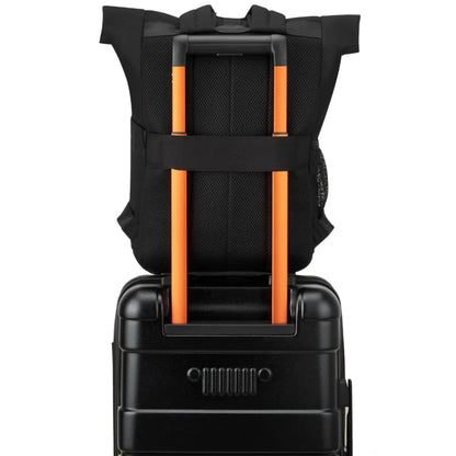 Padded Back Panel featuring a luggage band, ready to seamlessly slide over the trolley tubes of rolling luggage