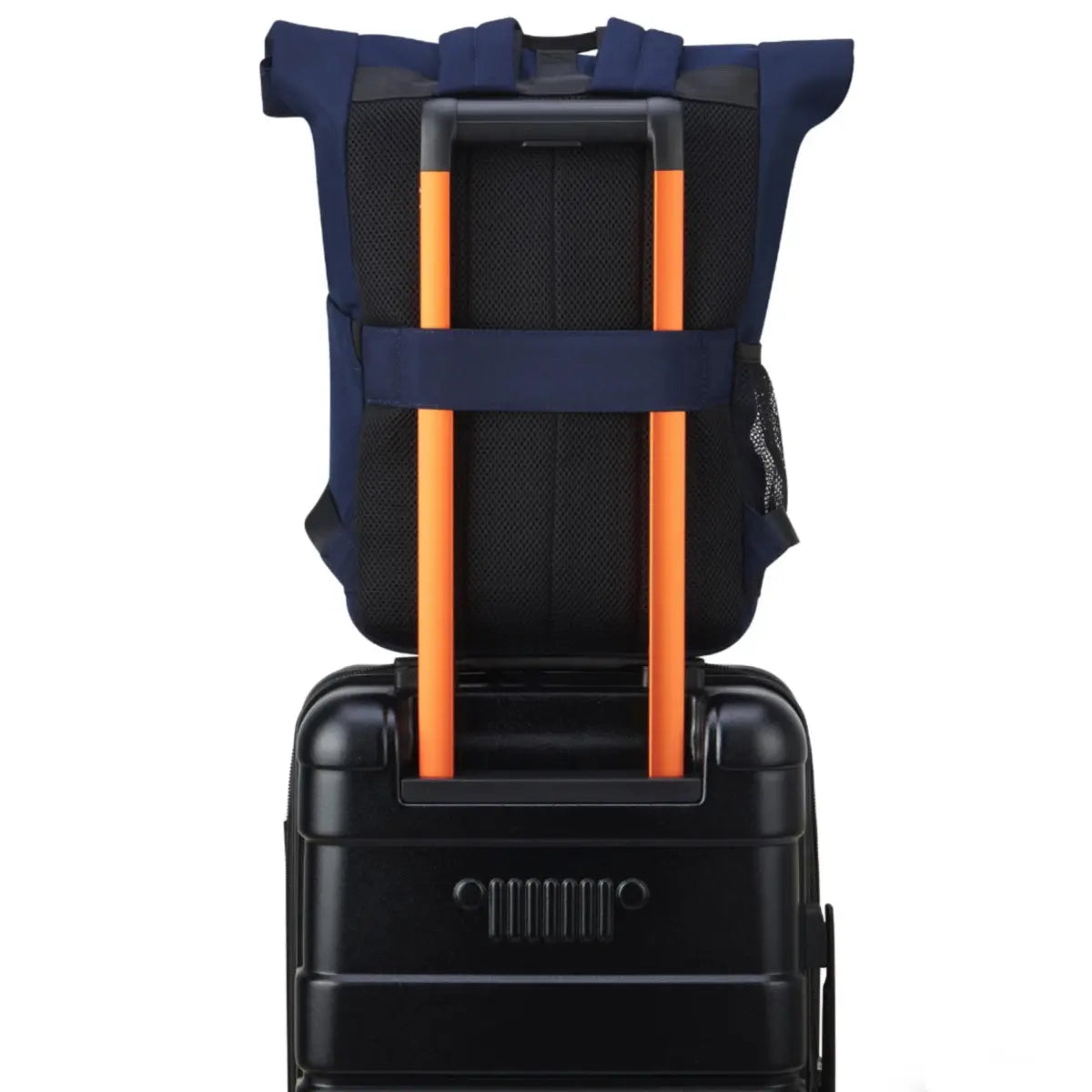 Padded Back Panel featuring a luggage band, ready to seamlessly slide over the trolley tubes of rolling luggage