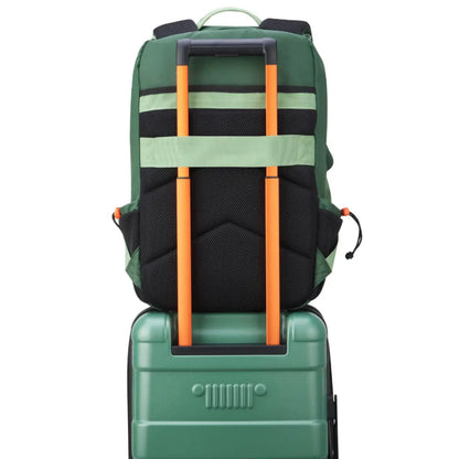 Padded Back Panel featuring a luggage band, ready to seamlessly slide over the trolley tubes of rolling luggage