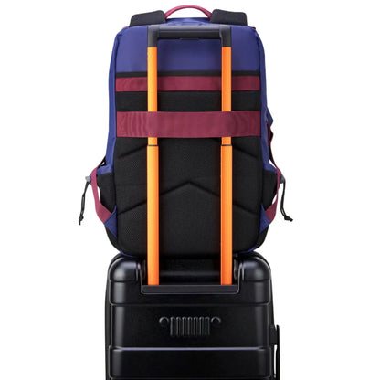 Padded Back Panel featuring a luggage band, ready to seamlessly slide over the trolley tubes of rolling luggage