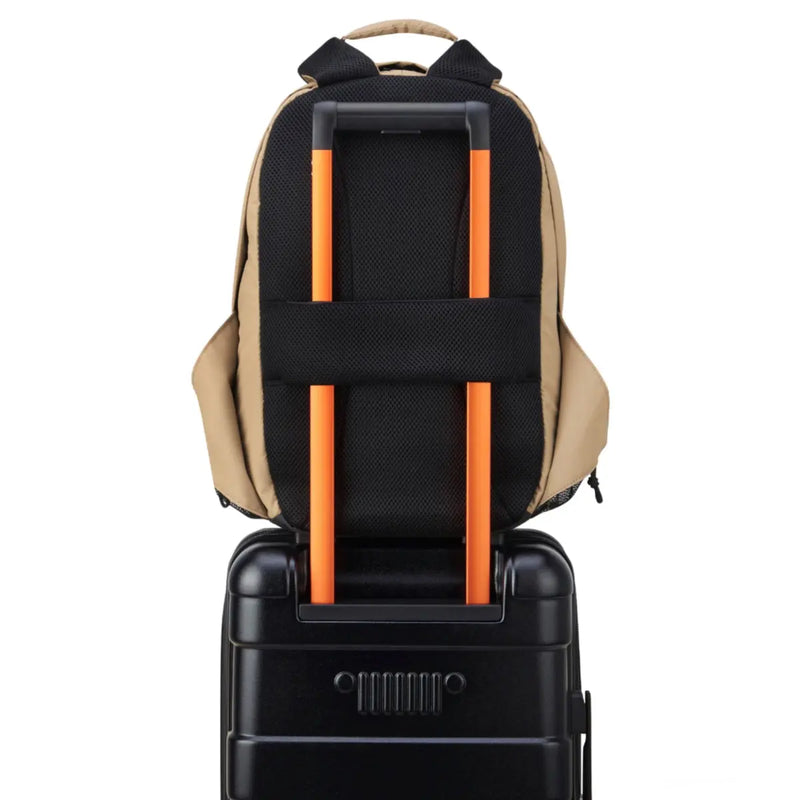 Padded Back Panel featuring a luggage band, ready to seamlessly slide over the trolley tubes of rolling luggage