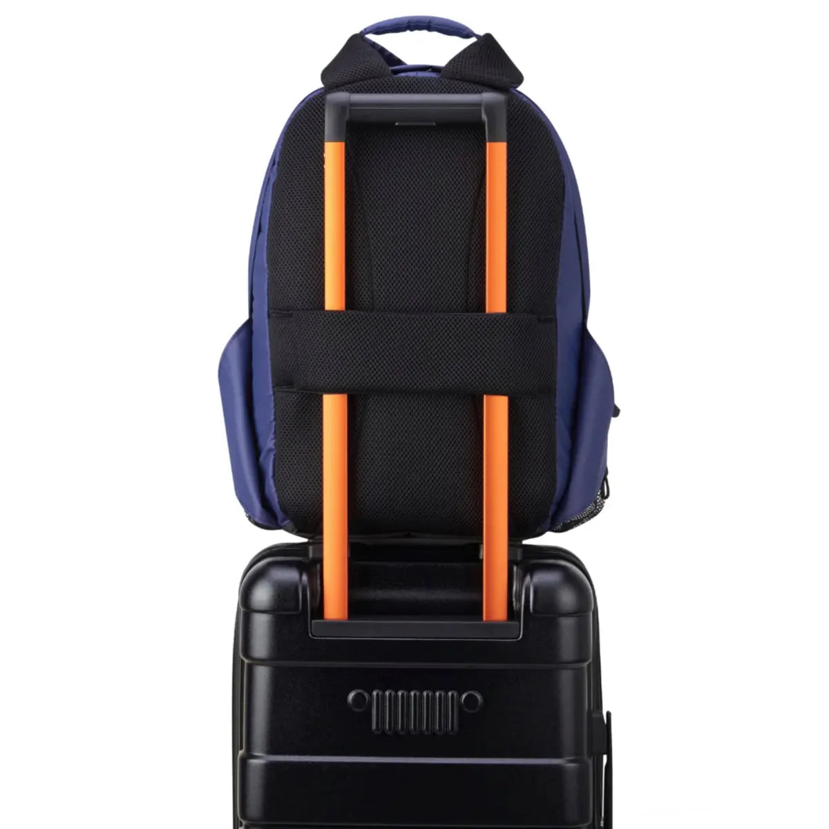 Padded Back Panel featuring a luggage band, ready to seamlessly slide over the trolley tubes of rolling luggage