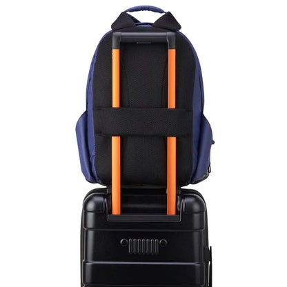Padded Back Panel featuring a luggage band, ready to seamlessly slide over the trolley tubes of rolling luggage