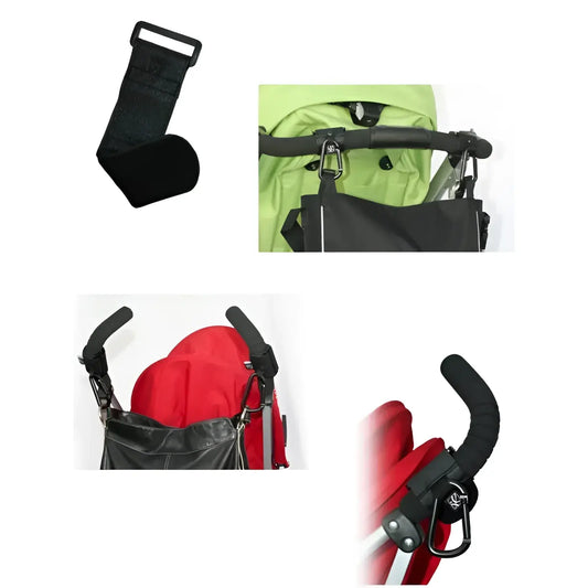 Non-slip, adjustable strap attaches to ANY size, shape and style of stroller bar