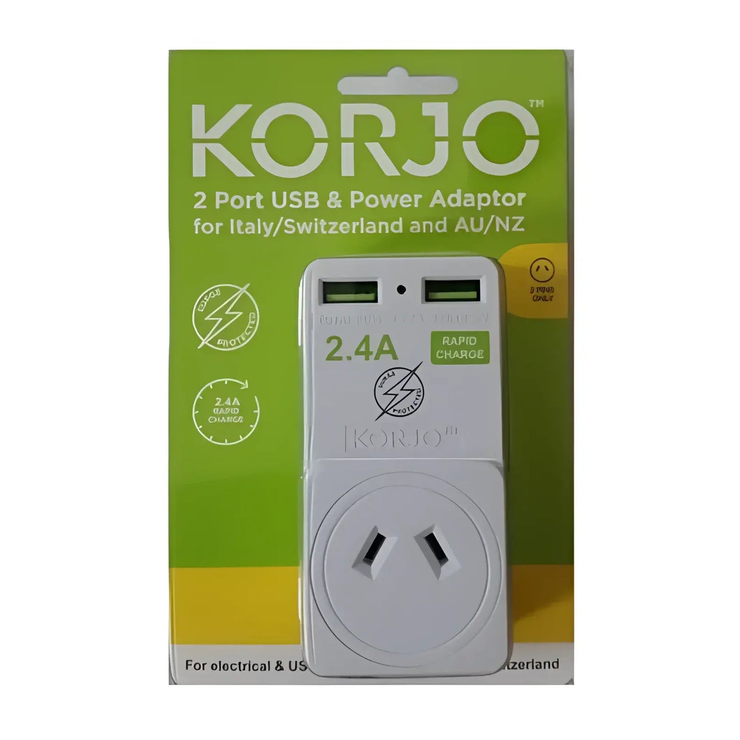 Korjo 2 Port USB Charger and Power Travel Adaptor - Europe, Italy, Switzerland and Australia