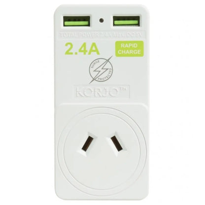 Korjo 2 Port USB Charger and Power Travel Adaptor - 2 Pin Japan and 2 Pin Aus / NZ
