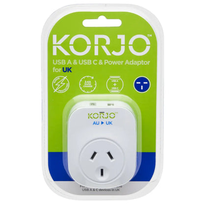 Korjo USB-C + A Charger - AUS/NZ Socket to UK Plug - Power Adaptor