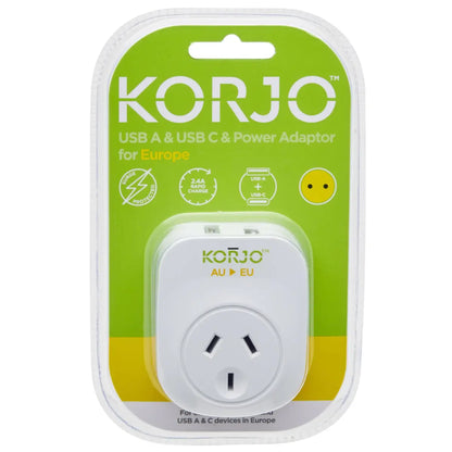 Korjo USB-C + A Charger - AUS/NZ Socket to Europe Plug (Not UK) - Power Adaptor