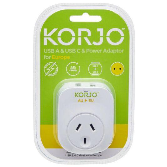 Korjo USB-C + A Charger - AUS/NZ Socket to Europe Plug (Not UK) - Power Adaptor