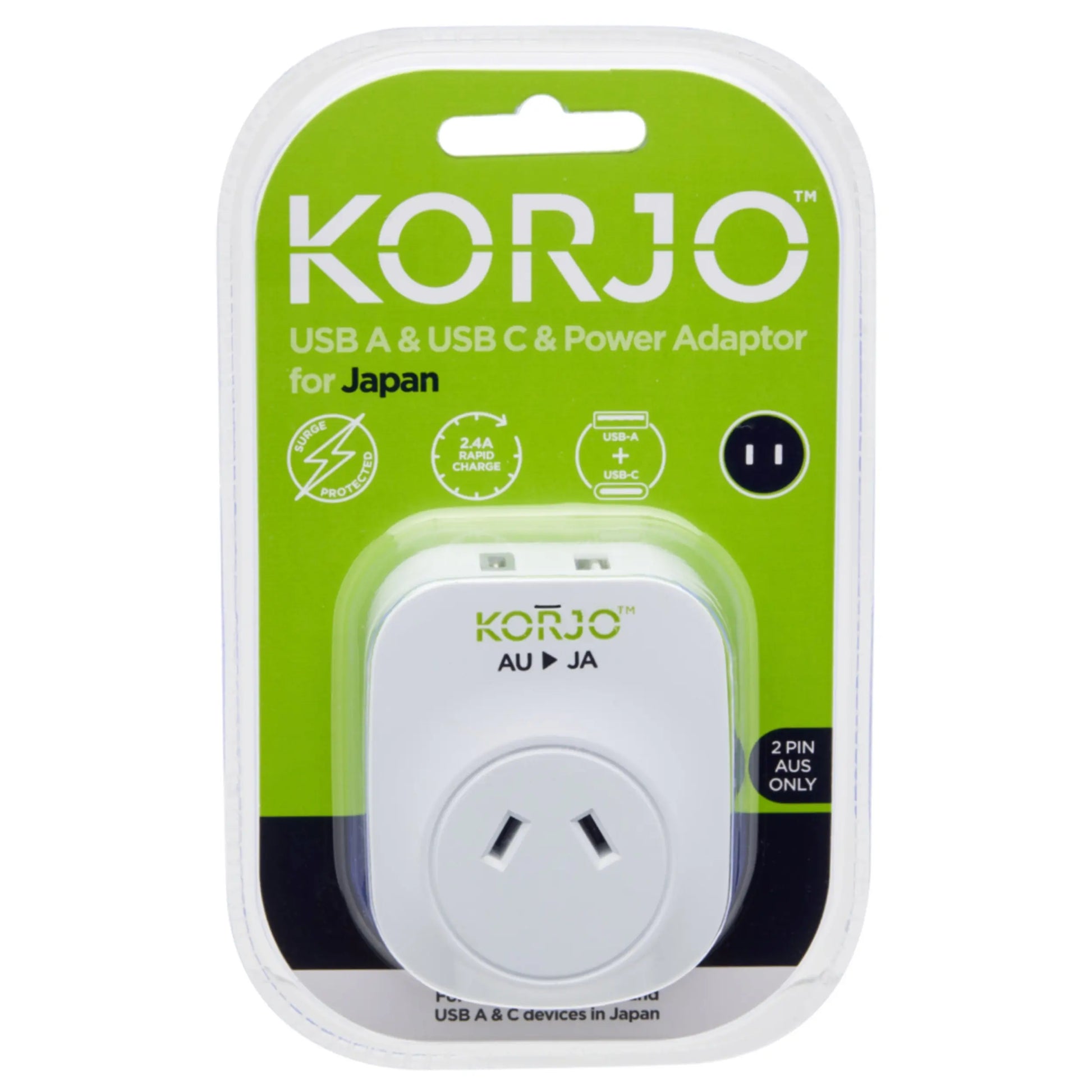 Korjo USB-C + A Charger - AUS/NZ Socket to Japan Plug - Power Adaptor