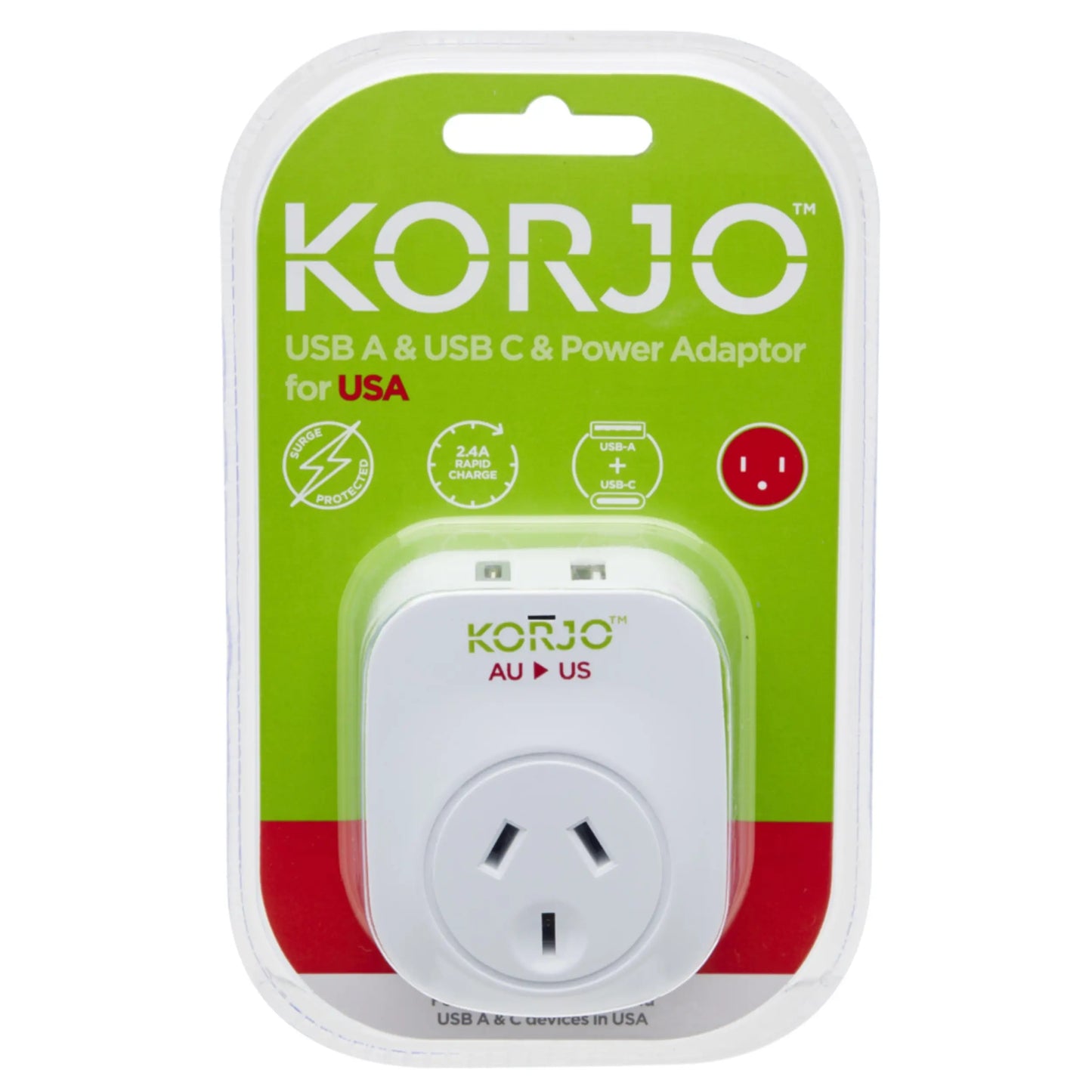 Korjo USB-C + A Charger - AUS/NZ Socket To USA Plug - Power Adaptor