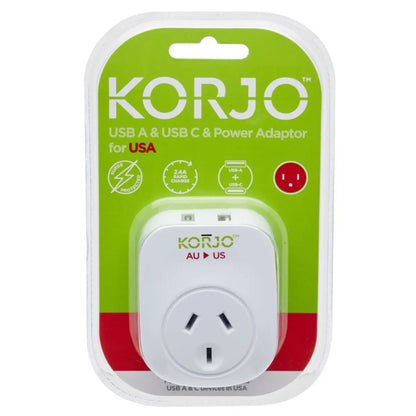 Korjo USB-C + A Charger - AUS/NZ Socket To USA Plug - Power Adaptor
