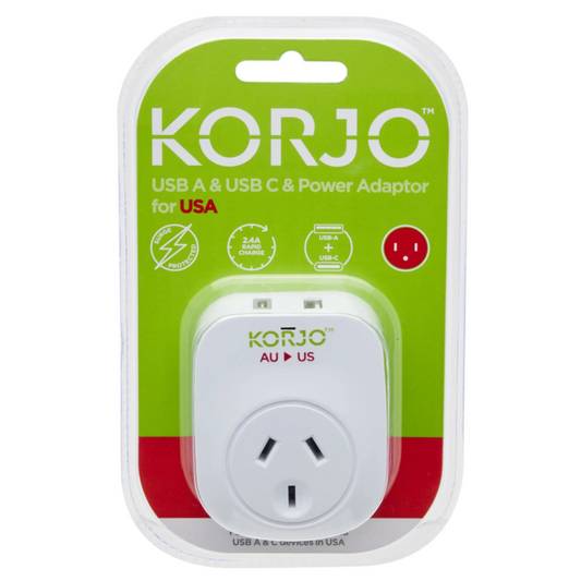 Korjo USB-C + A Charger - AUS/NZ Socket To USA Plug - Power Adaptor