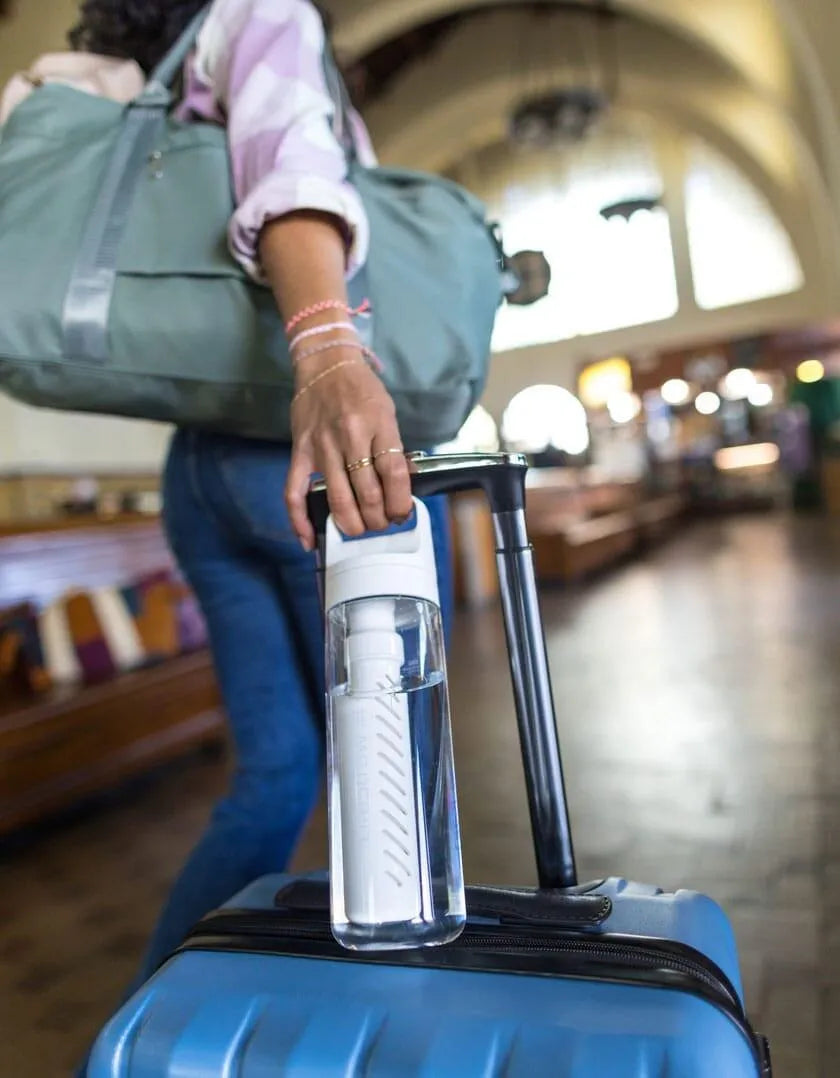 LifeStraw Go 2.0: a clear LifeStraw Go bottle slipped beside a suitcase handle in a train station