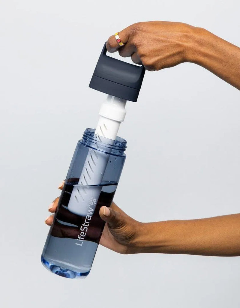 LifeStraw Go bottle with the 2-stage filter lifted out