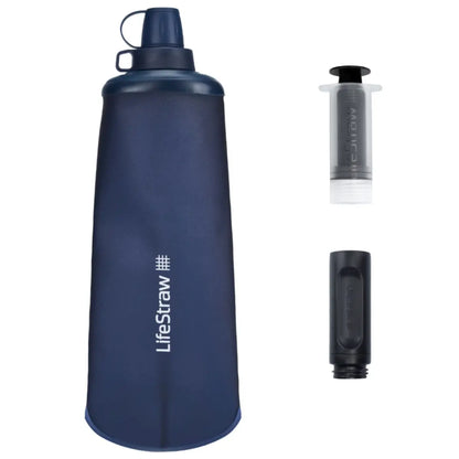 Includes: LifeStraw Peak Series 1L collapsible squeeze bottle with screw-top cap and tether, backwash accessory