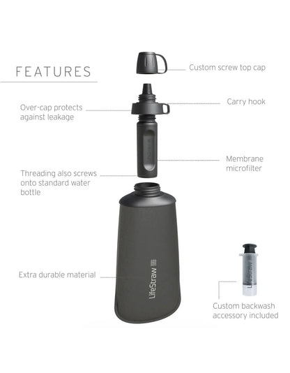 LifeStraw Peak Squeeze features: screw top cap, carry hook, membrane microfilter, durable material
