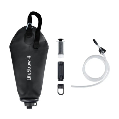 Includes: LifeStraw Peak Series 3L gravity bag with hose and standard quick connector, carabiner, leak-proof cap for water storage, easy carry strap, backwash accessory
