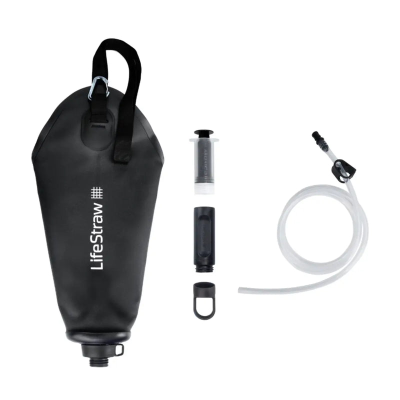 Includes: LifeStraw Peak Series 3L gravity bag with hose and standard quick connector, carabiner, leak-proof cap for water storage, easy carry strap, backwash accessory
