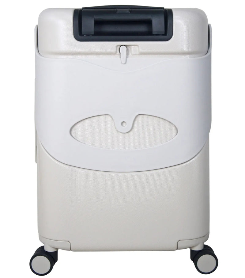 MiaMily mist grey 48 cm carry on luggage with portable seat and durable plastic material, black handle and wheels