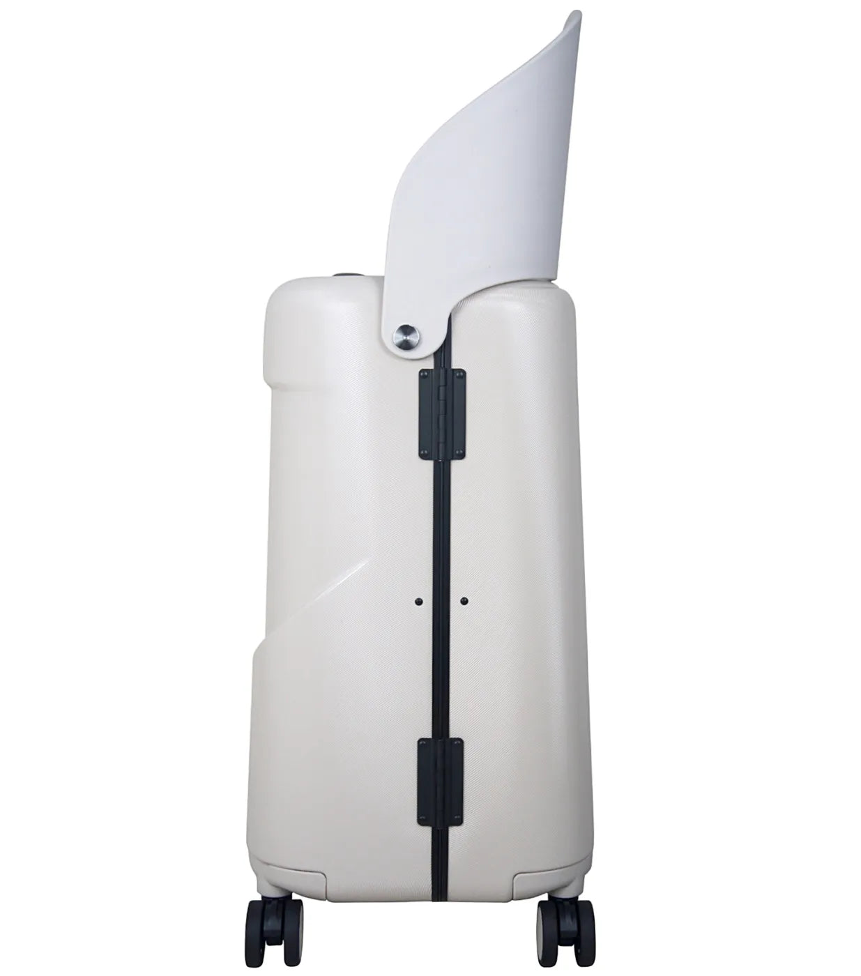 Cream-colored miaMily 48 cm carry on luggage with black wheels and trim featuring a portable seat in mist grey