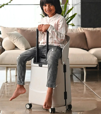 White mist grey miaMily carry on luggage with black handle wheels and portable seat perfect for travel