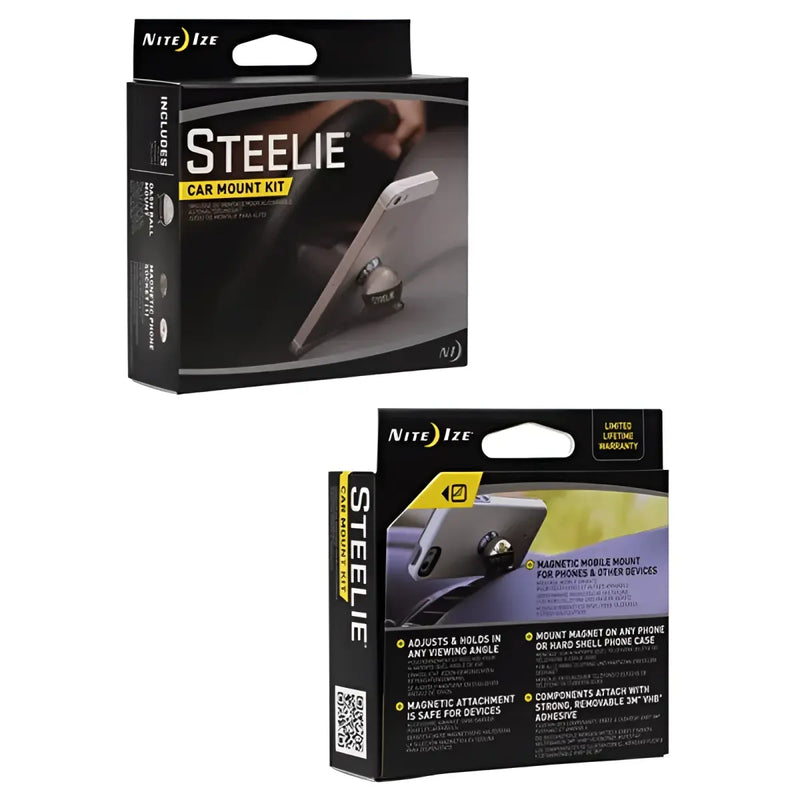 Each Steelie Car Mount Kit includes one Steelie Magnetic Phone Socket with 3M VHB adhesive pad, one Steelie Ball Mount with 3M VHB adhesive pad, an alcohol prep pad, and installation instructions