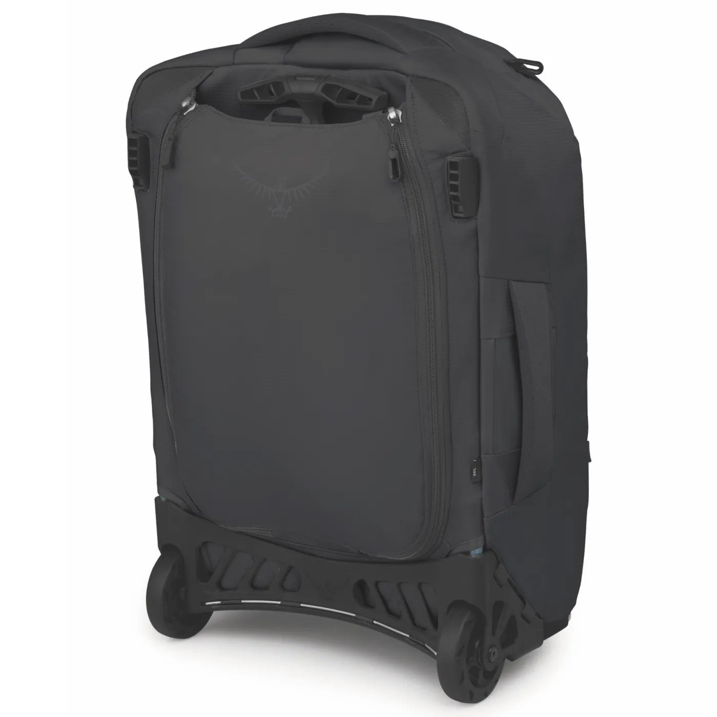 Black osmo farpoint fairview 36l carry-on wheeled travel pack with sleek durable design and reinforced wheels for travel