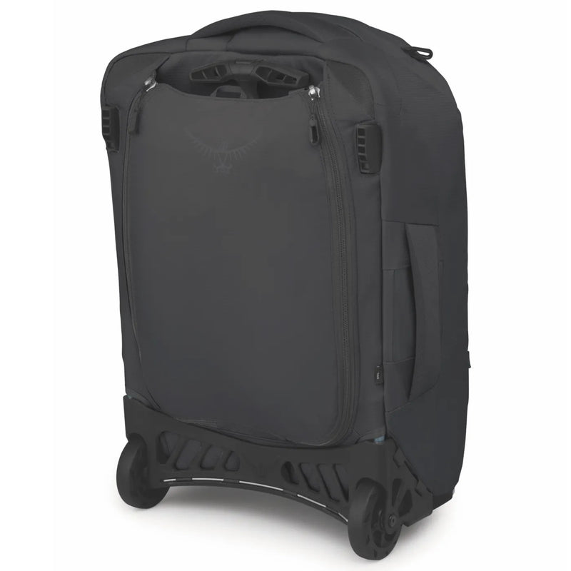 Black osmo farpoint fairview 36l carry-on wheeled travel pack with sleek durable design and reinforced wheels for travel